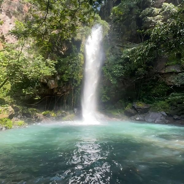 A breathtaking waterfall surrounded by lush jungle at The Healing Sanctuary’s Tropical Retreat in Costa Rica, offering guests a serene and transformative experience.